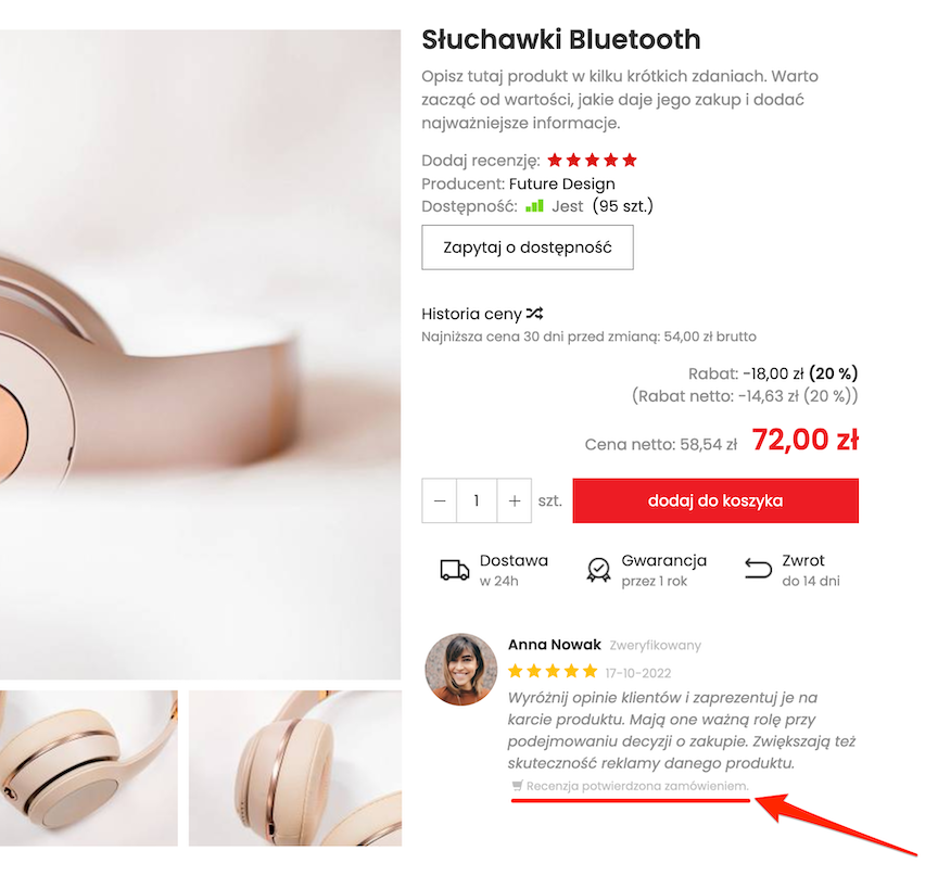 Verified purchase review on product card