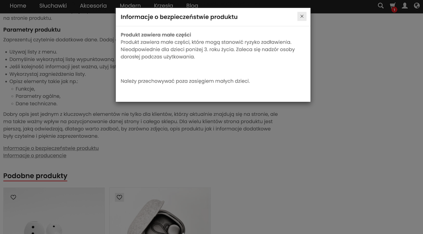 Product safety information on the product page