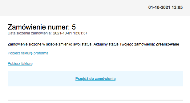 Email with information about status change and links to download invoices