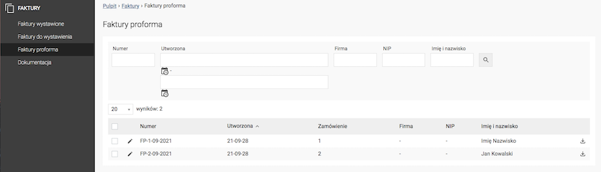 Proforma invoices list