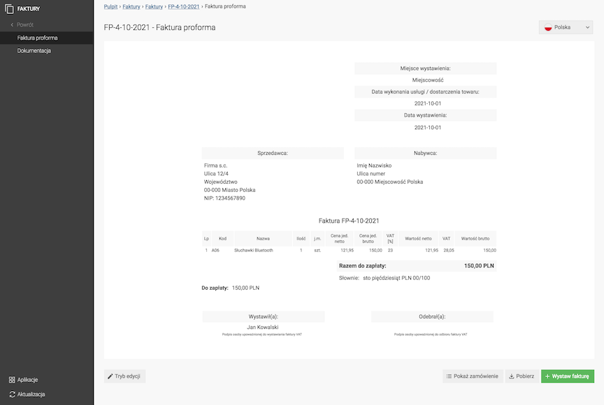 Proforma invoice preview