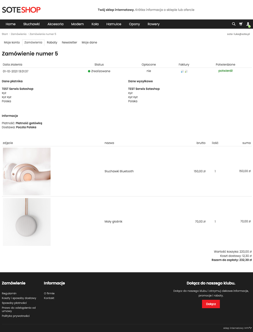Order editing in the customer panel