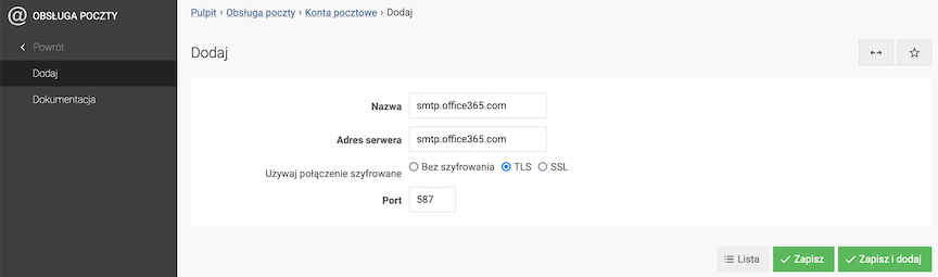 Office365 server configuration in the store panel