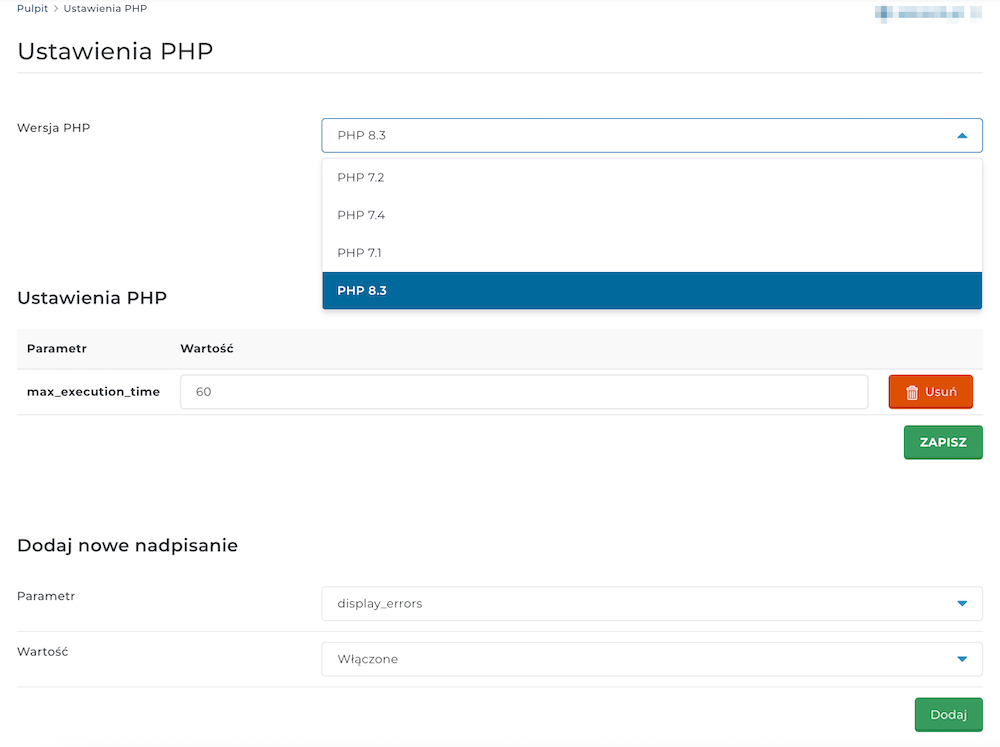 Selecting the PHP version