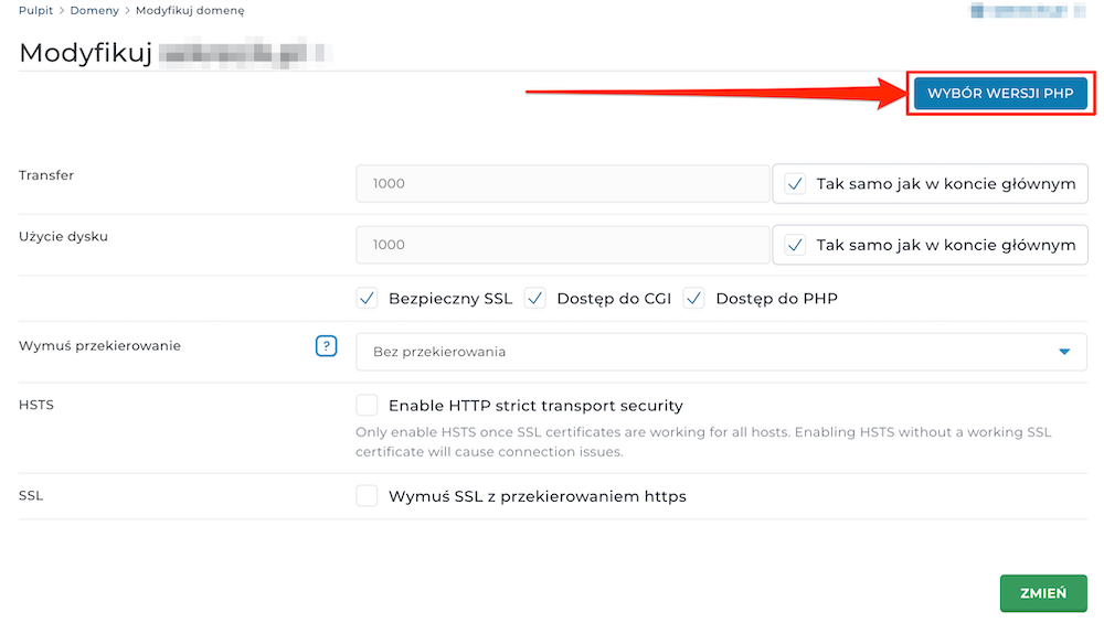 Selecting the PHP version