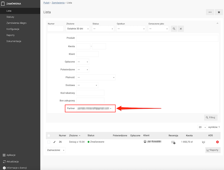 Filtering orders by partner
