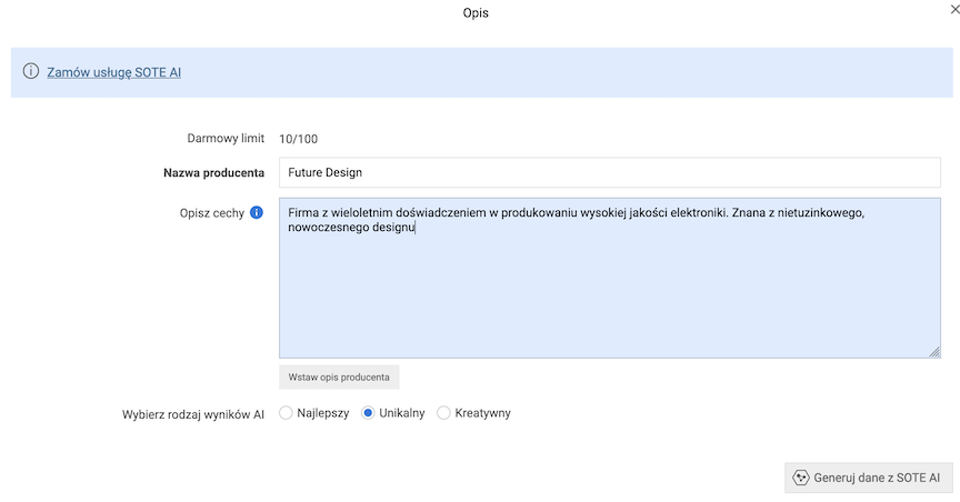 Window for generating manufacturer description by AI